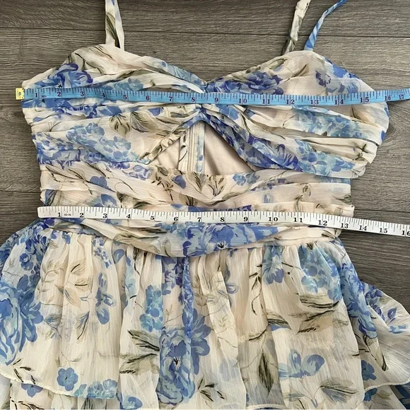 Lulus Arata Tiered Maxi Dress Small Beige Blue Floral Cutout Cottagecore Fairy - Picture 11 of 12